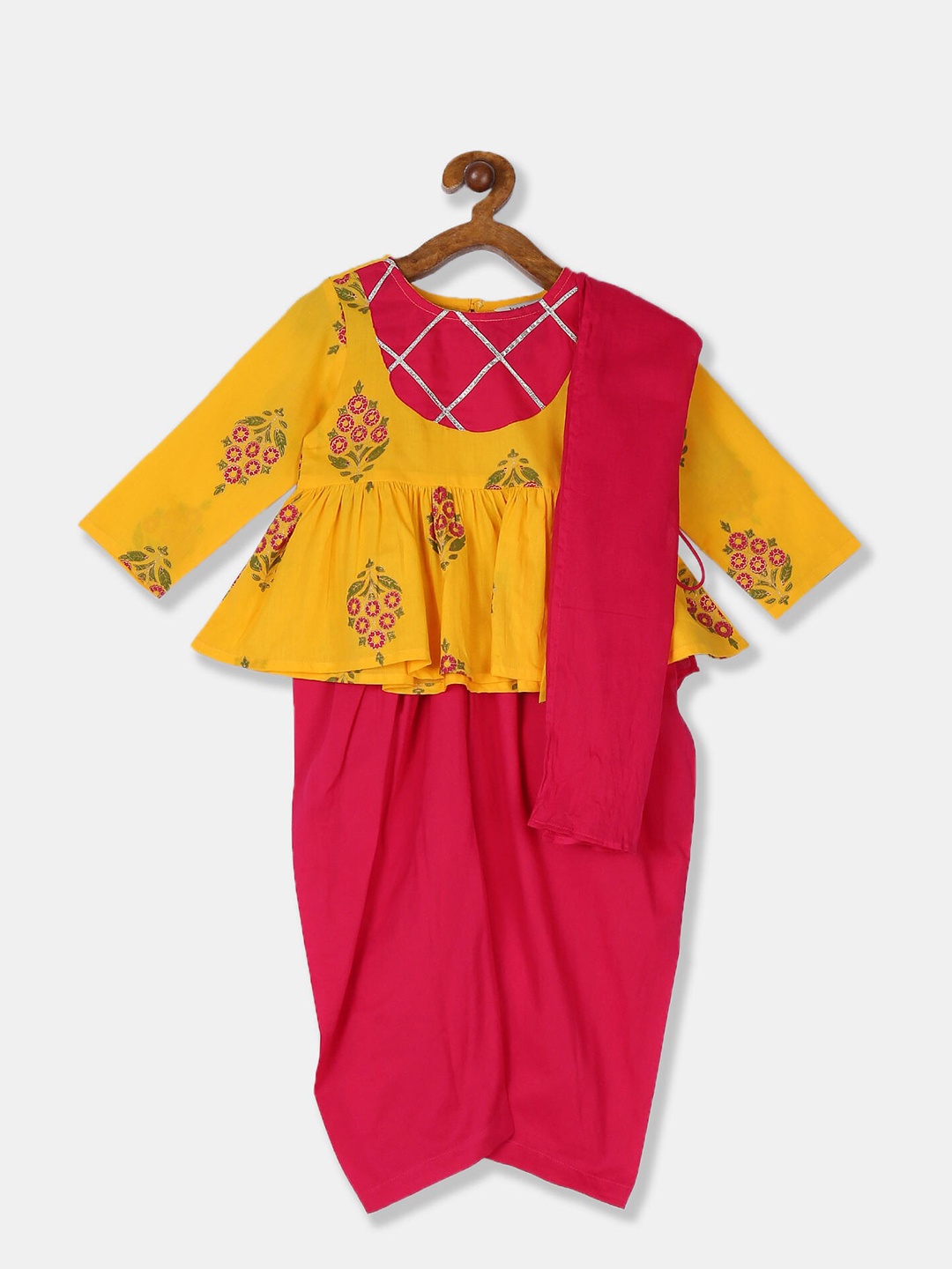Karigari Girls Yellow Empire Pure Cotton Kurti with Salwar & With Dupatta With Potli Bag
