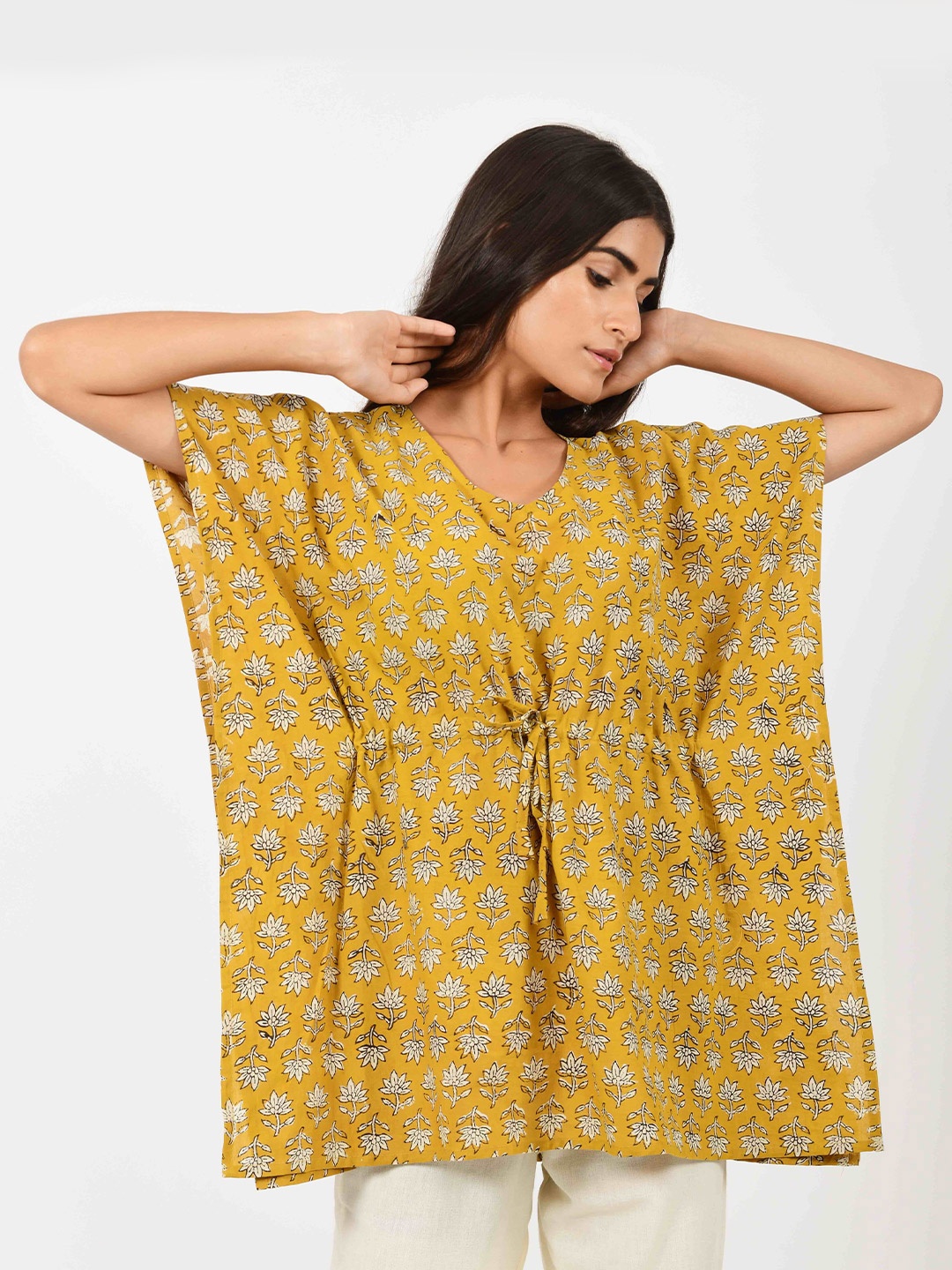 House of Dhaaga Mustard Yellow Floral Printed V-Neck Flared Sleeves Pure Cotton Kaftan Kurti
House of Dhaaga Mustard Yellow Floral Printed V-Neck Flared Sleeves Pure Cotton Kaftan Kurti