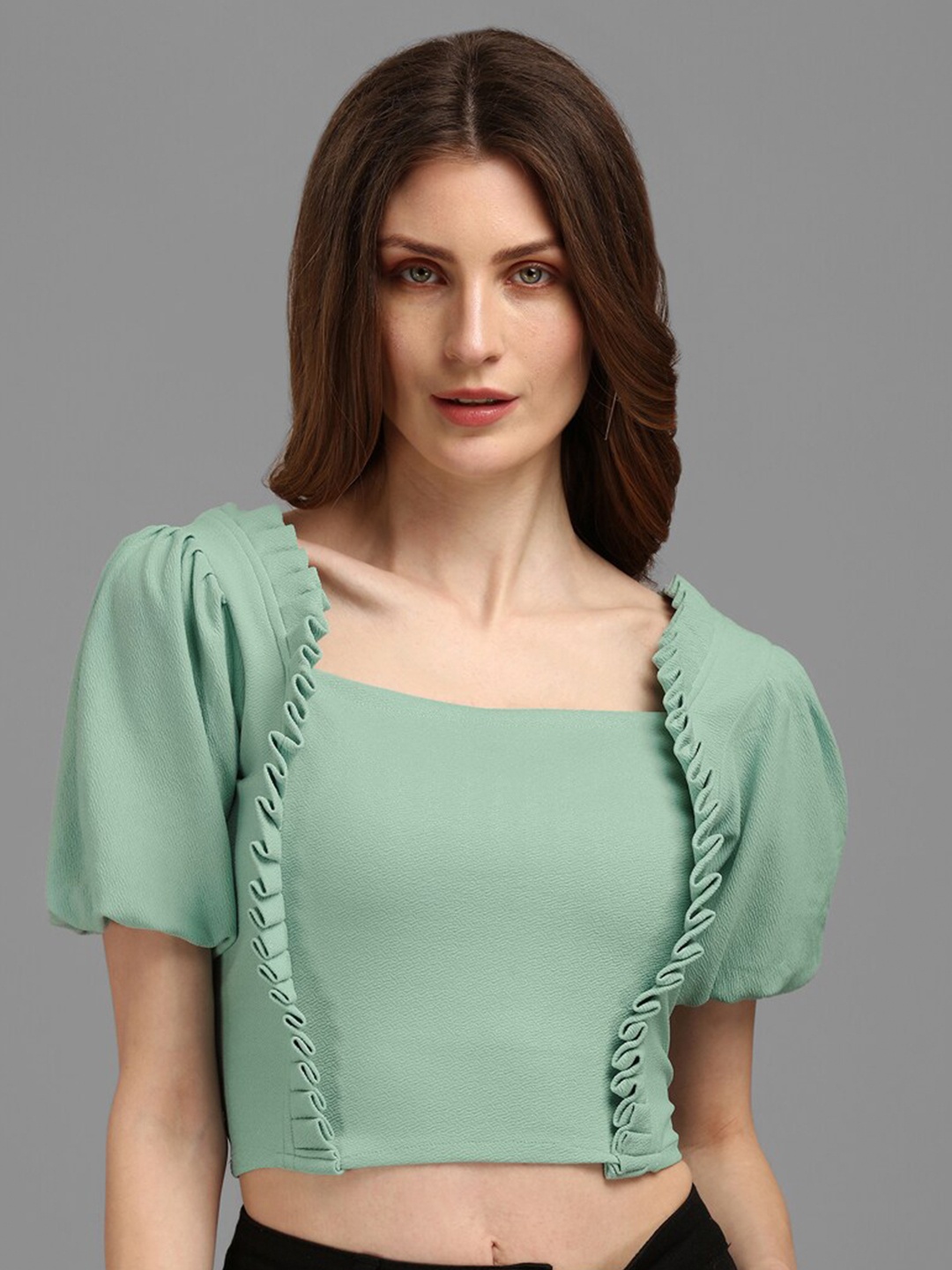 PURVAJA Sea Green Puff Sleeves Crop Top