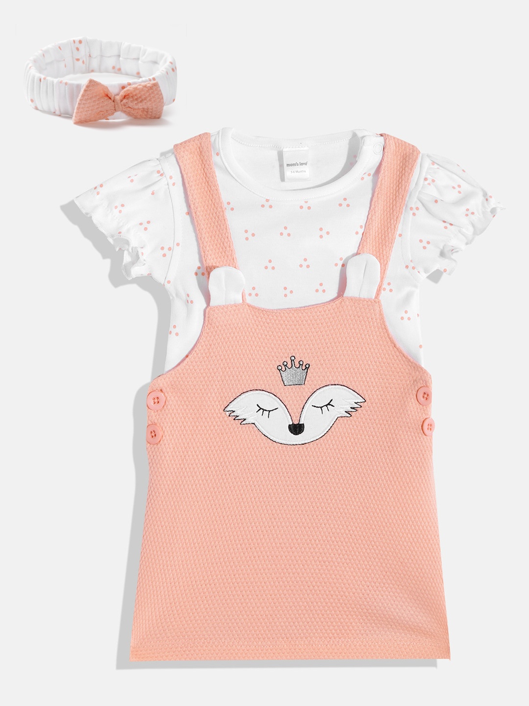 Moms Love Infant Girls Peach-Coloured & White Self Design Pinafore Dress & Top & Hairband
Moms Love Infant Girls Peach-Coloured & White Self Design Pinafore Dress & Top & Hairband