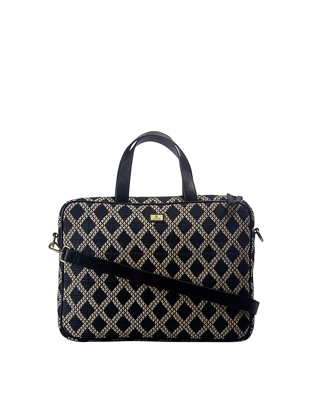 K London Unisex Black & Beige Printed Messenger Bag