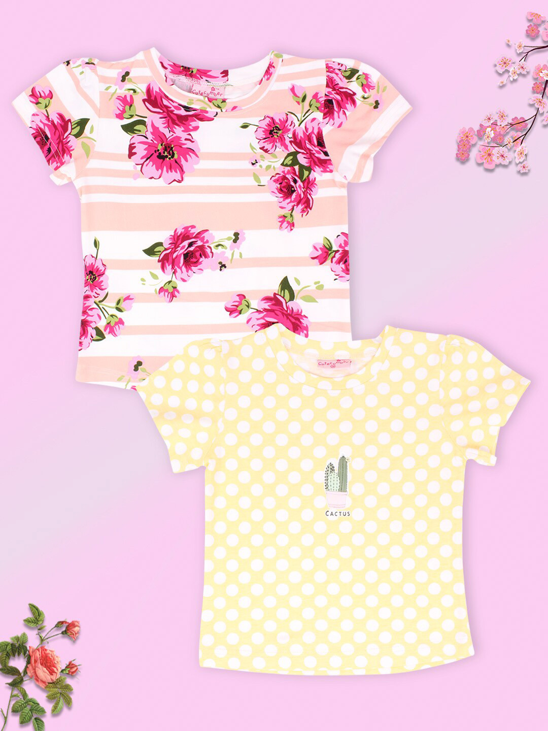 CUTECUMBER Girls Set Of 2 Yellow & Peach Printed T-shirt 
CUTECUMBER Girls Set Of 2 Yellow & Peach Printed T-shirt