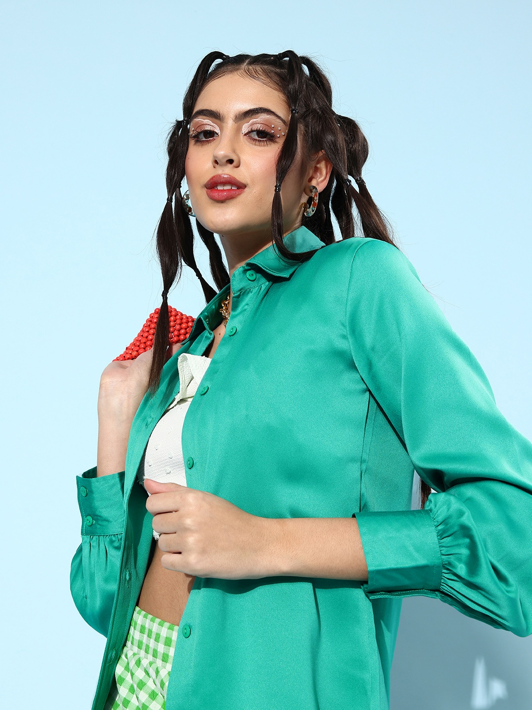 StyleCast Green Solid Satin Shirt Style Top