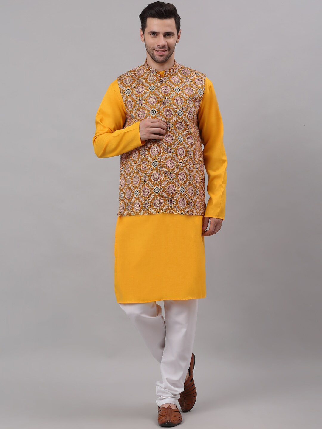 NEUDIS Men Yellow Cotton Printed Nehru Jacket Kurta Set