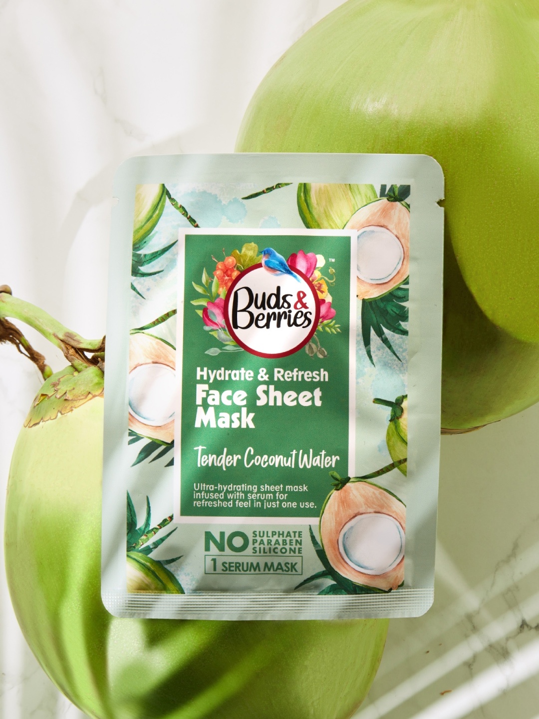Buds & Berries Hydrate & Refresh Tender Coconut Water Ultra-Hydrating Face Sheet Mask-25 g, Green
Buds & Berries Hydrate & Refresh Tender Coconut Water Ultra-Hydrating Face Sheet Mask-25 g, Green