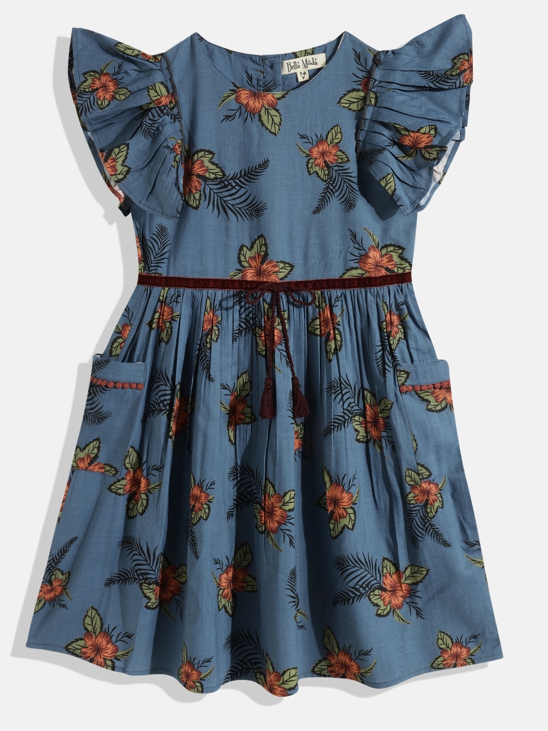 Bella Moda Blue & Orange Floral Pure Cotton Dress