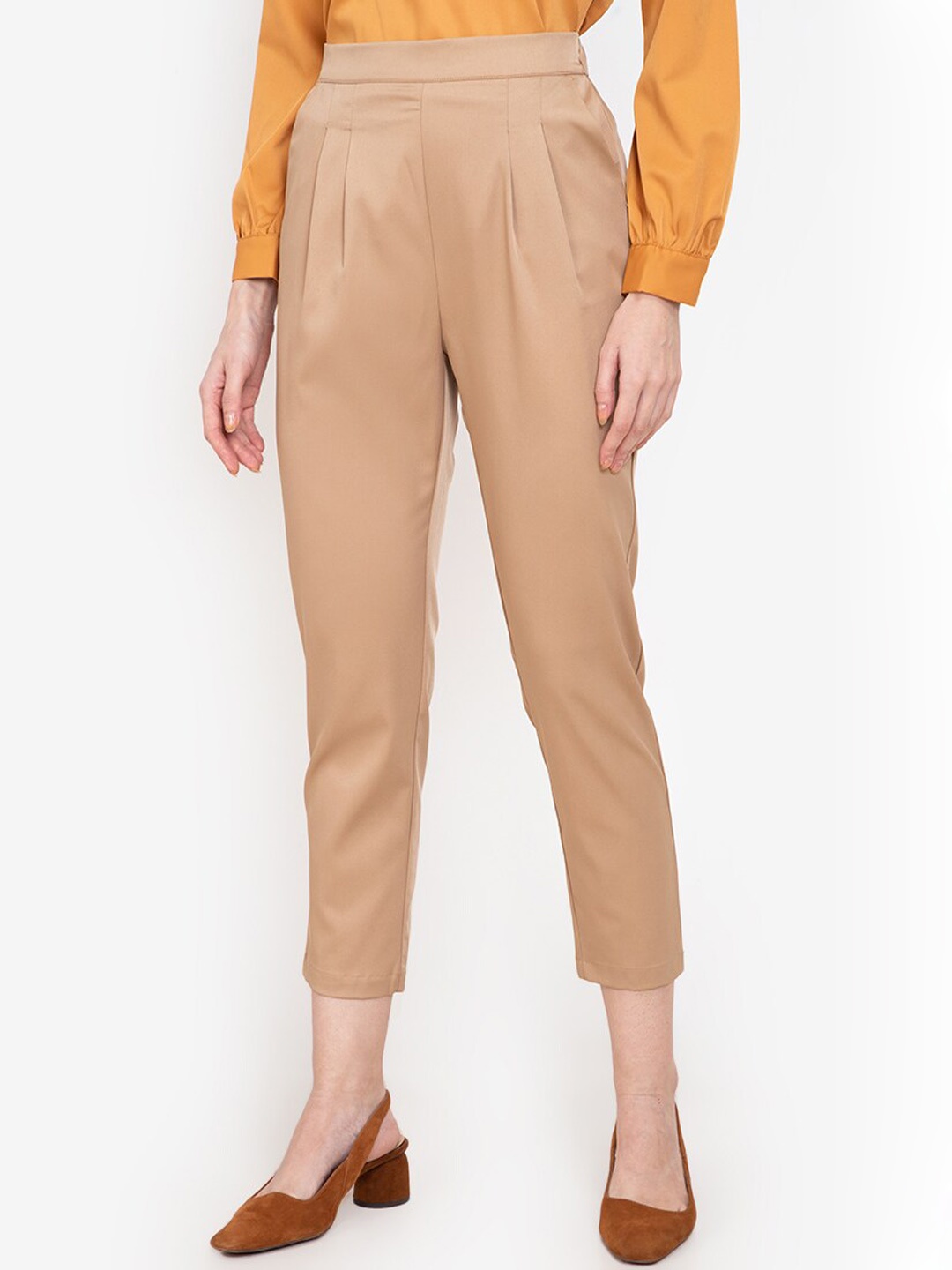 ZALORA WORK Women Beige Slim Fit Pleated Trousers