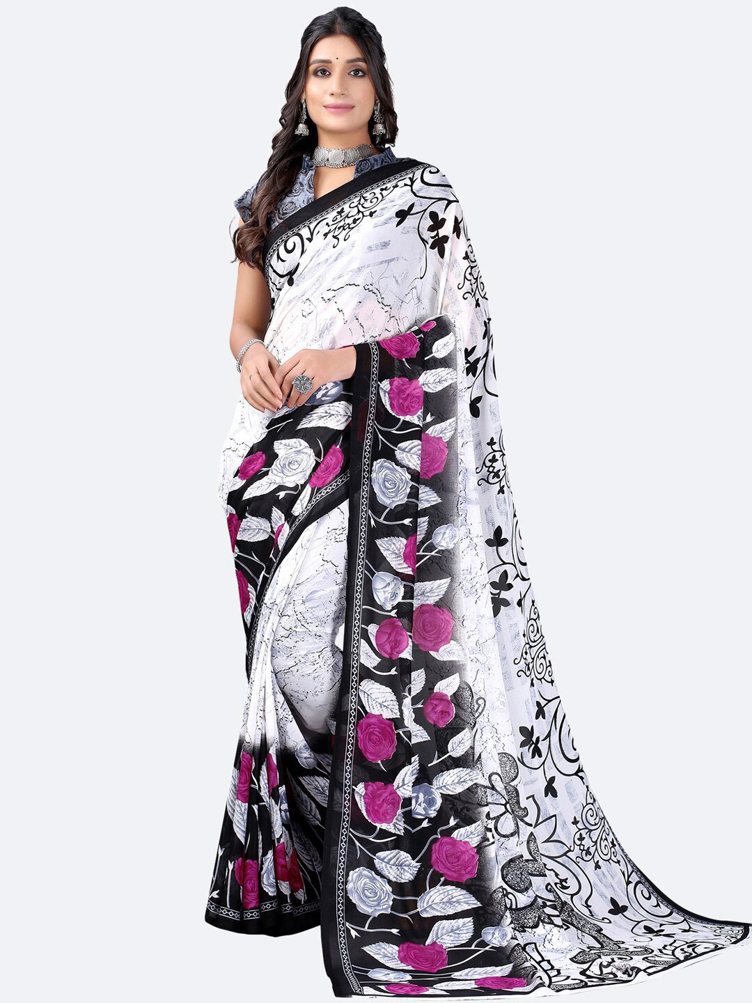 KALINI White & Black Floral Saree