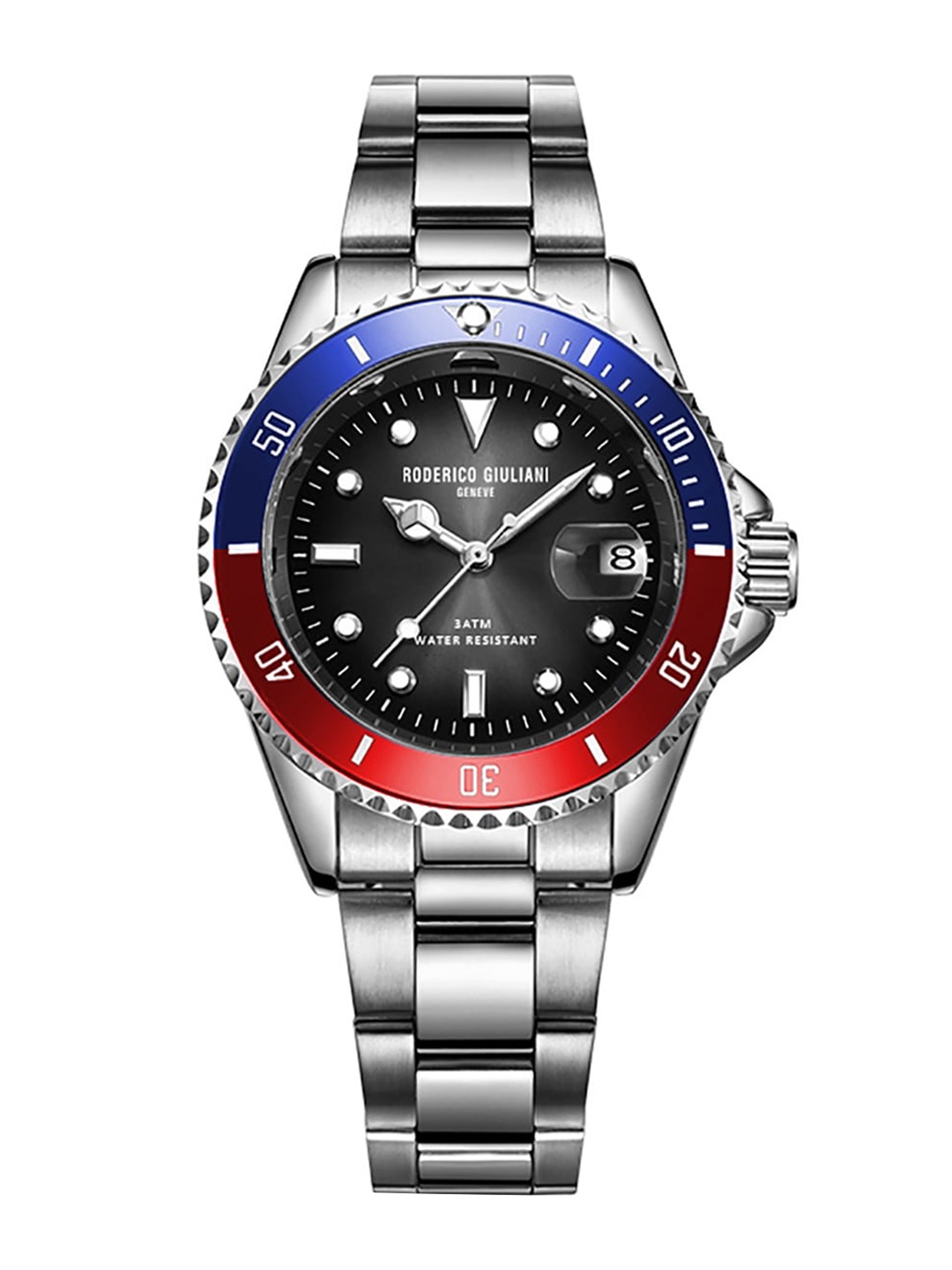 RODERICO GIULIANI Unisex Black Embellished Dial & Steel Toned Stainless Steel Bracelet Style Straps Analogue Watch, Silver
RODERICO GIULIANI Unisex Black Embellished Dial & Steel Toned Stainless Steel Bracelet Style Straps Analogue Watch, Silver