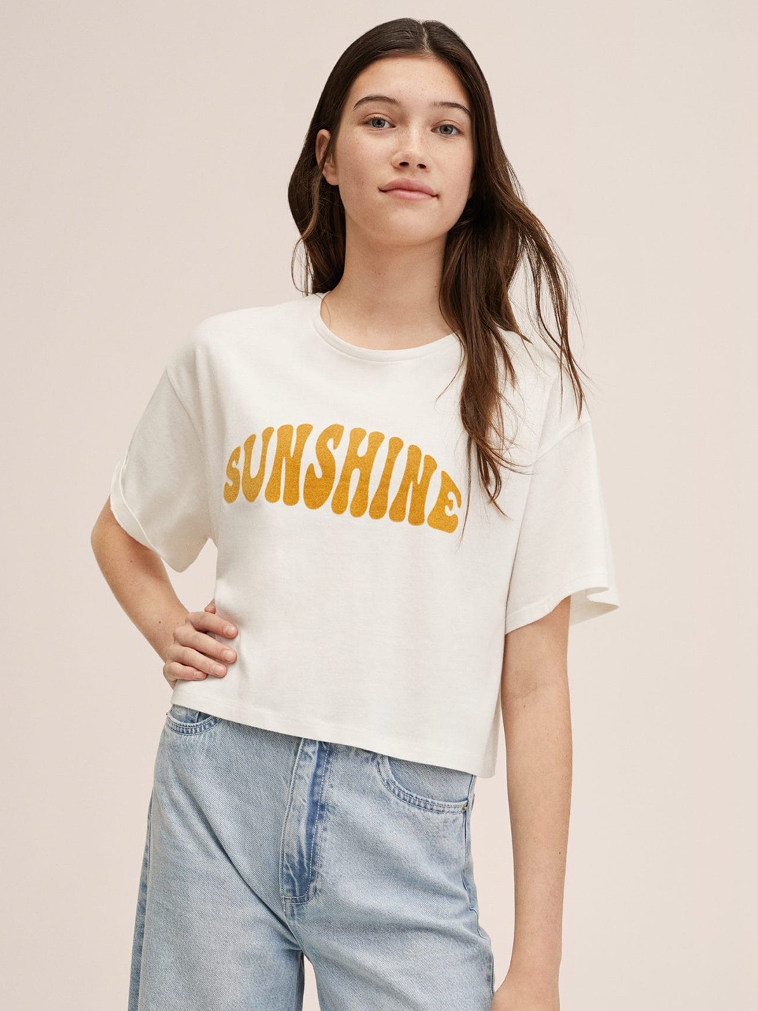 Mango Kids Girls White & Mustard Yellow Typography Printed Drop-Shoulder Sleeves Pure Cotton T-shirt
Mango Kids Girls White & Mustard Yellow Typography Printed Drop-Shoulder Sleeves Pure Cotton T-shirt
