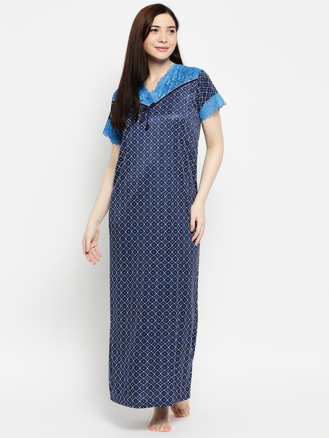 Pretty Awesome Navy Blue Printed Lace Maxi Nightdress