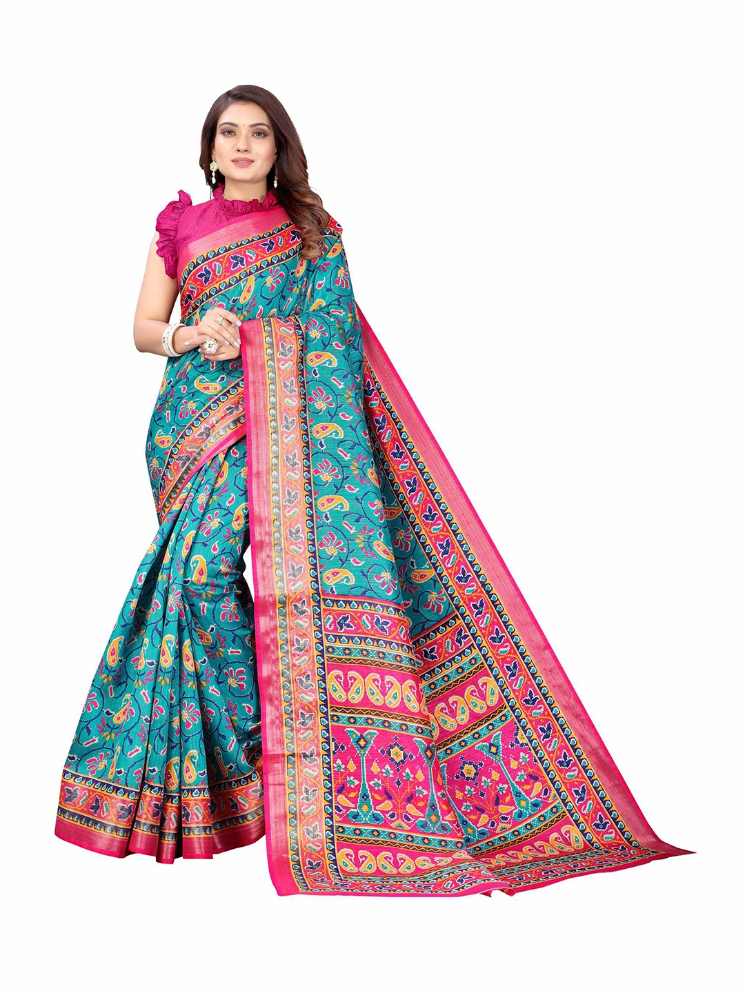 AADVIKA Blue & Pink Floral Linen Blend Saree