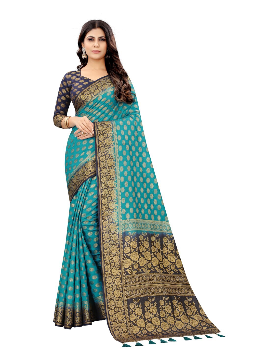 PERFECT WEAR Turquoise Blue & Gold-Toned Woven Design Zari Silk Cotton Banarasi Saree
PERFECT WEAR Turquoise Blue & Gold-Toned Woven Design Zari Silk Cotton Banarasi Saree