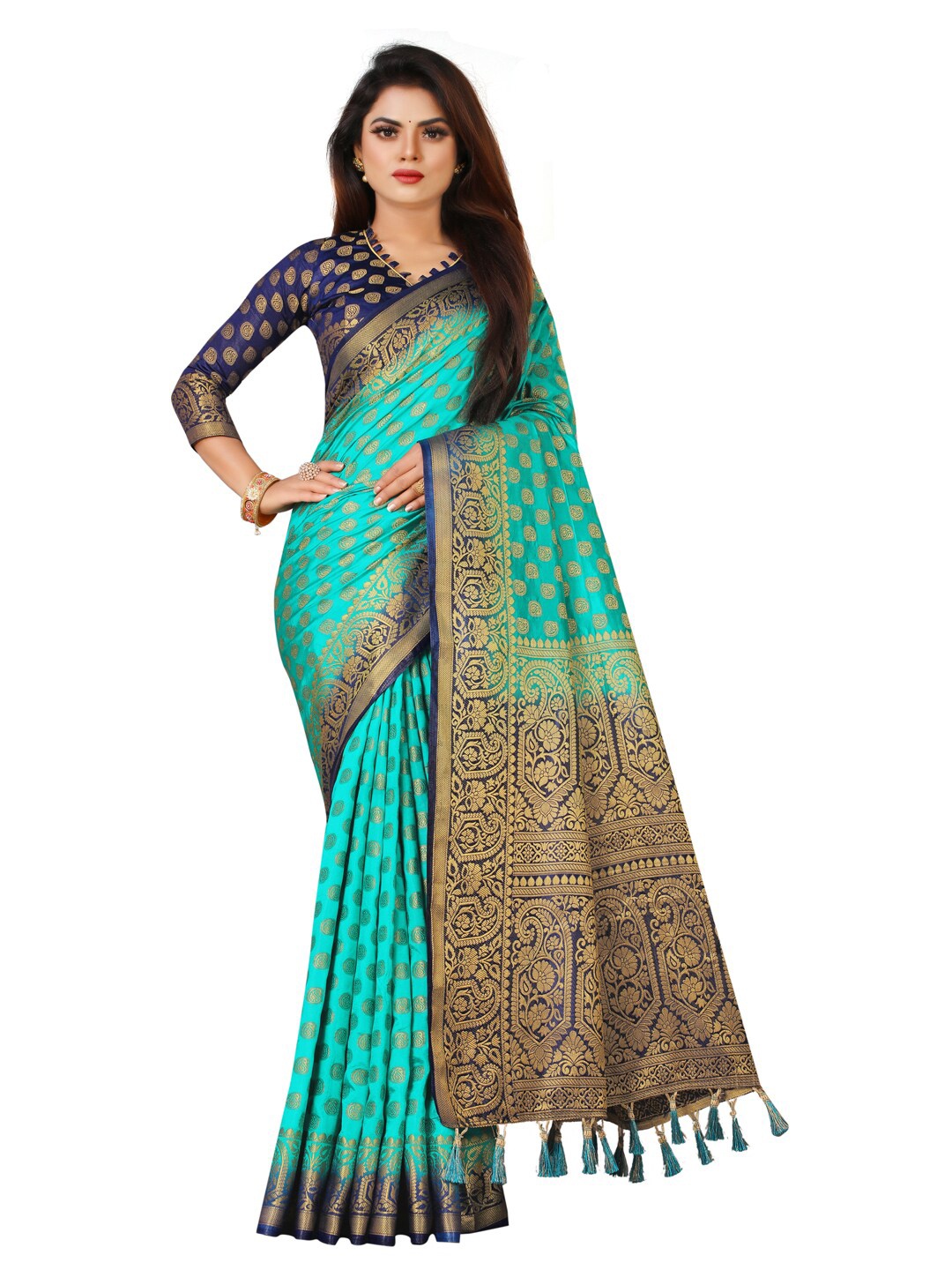 PERFECT WEAR Turquoise Blue & Navy Blue Woven Design Zari Silk Cotton Banarasi Saree
PERFECT WEAR Turquoise Blue & Navy Blue Woven Design Zari Silk Cotton Banarasi Saree