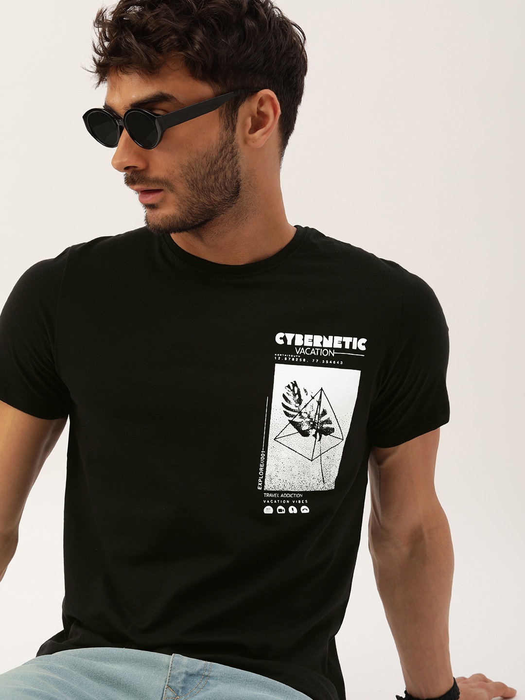 SINGLE Men Black Typography Printed Slim Fit Pure Cotton T-shirt
