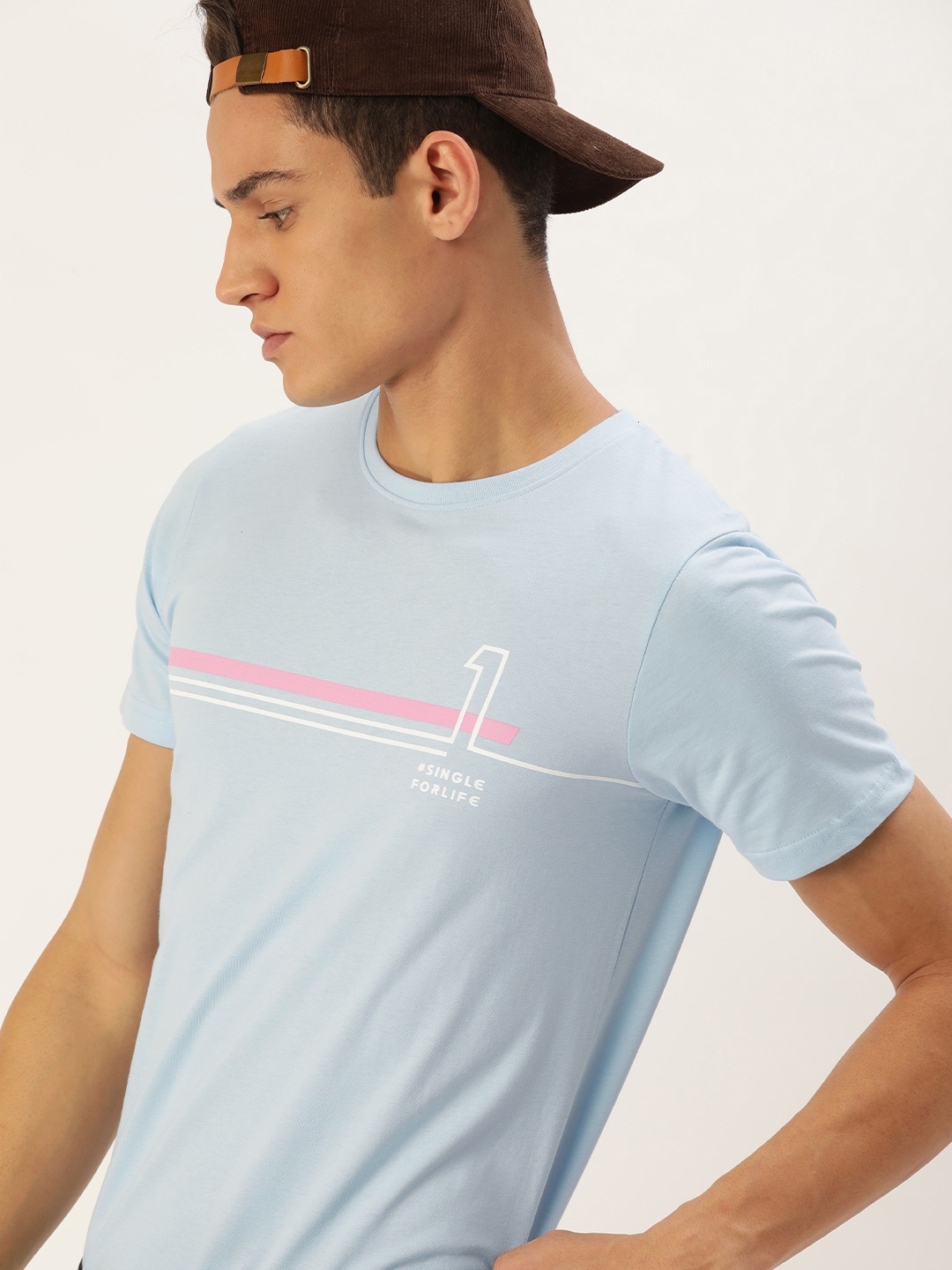 SINGLE Men Blue Printed Pure Cotton T-shirt