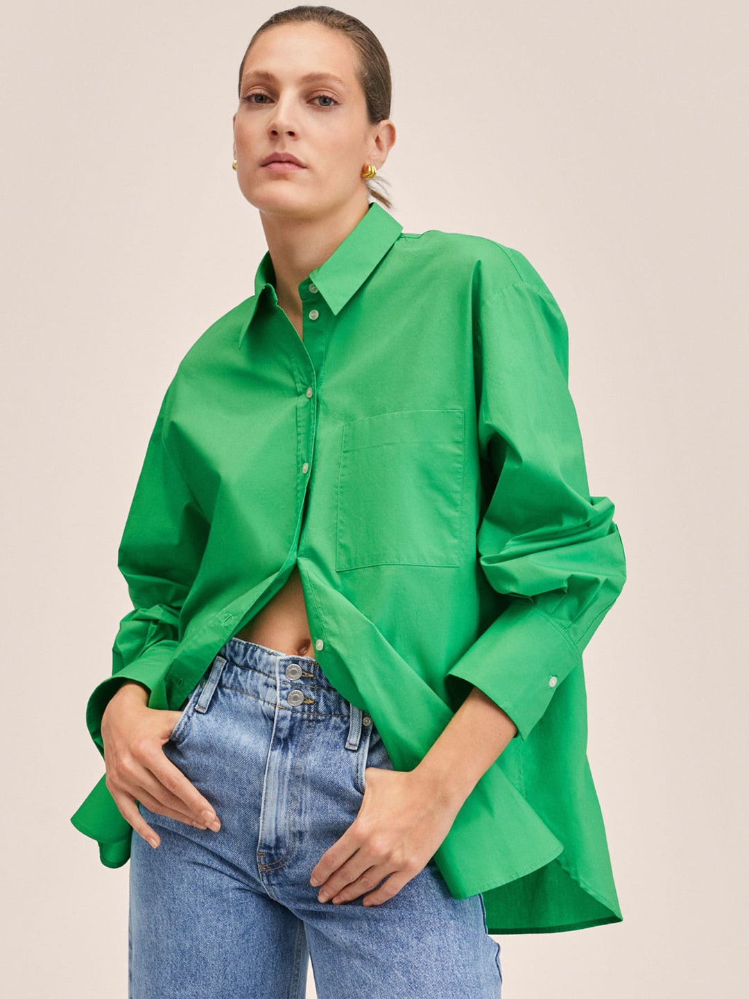 MANGO Women Green Pure Cotton Solid Oversize Casual Shirt
