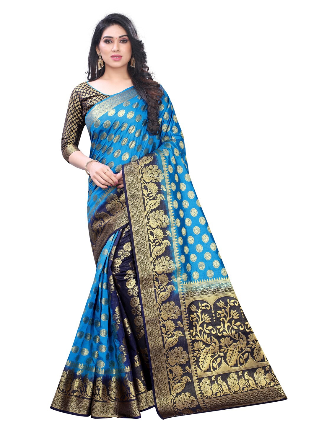 PERFECT WEAR Turquoise Blue & Navy Blue Woven Design Zari Silk Cotton Banarasi Saree
PERFECT WEAR Turquoise Blue & Navy Blue Woven Design Zari Silk Cotton Banarasi Saree