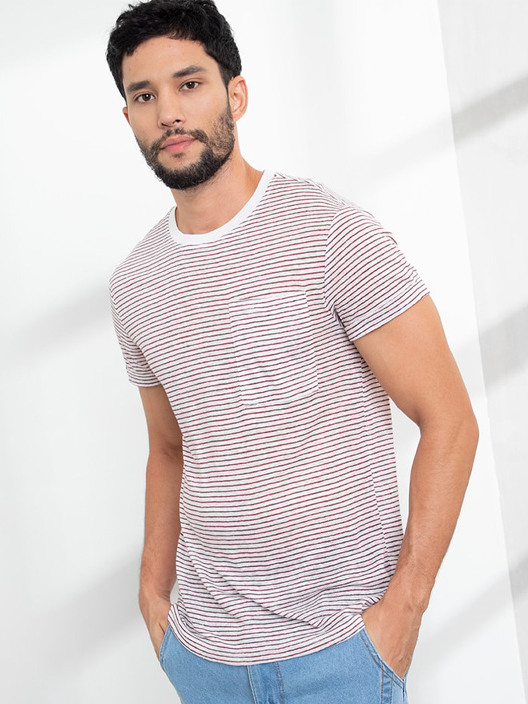 ORIGIN BY ZALORA Men White & Brown Striped Linen T-shirt 
ORIGIN BY ZALORA Men White & Brown Striped Linen T-shirt