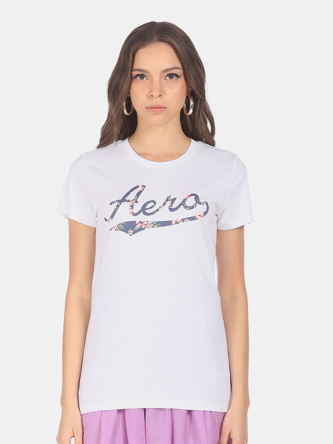 Aeropostale Women White Round Neck Logo Printed T-shirt