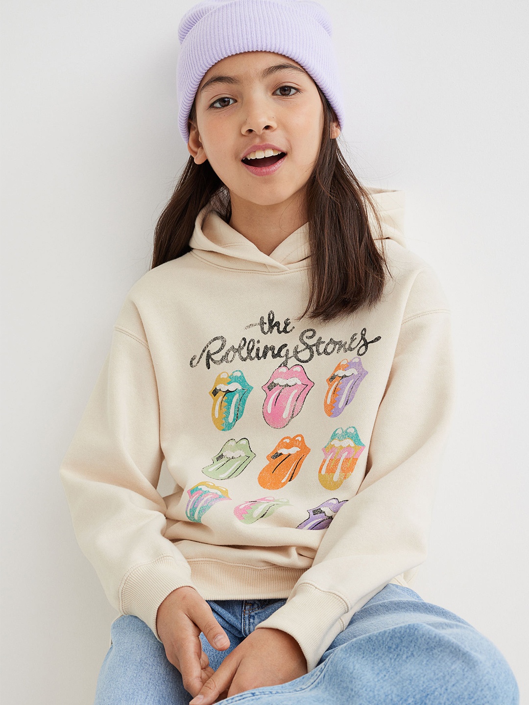 H&M Girls Beige Oversized Printed Hoodie