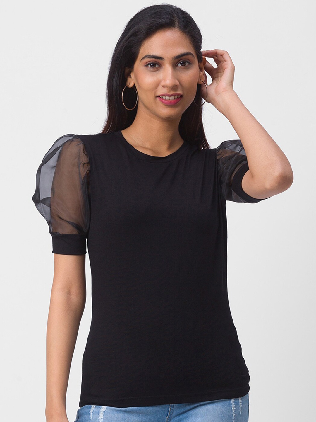 Globus Women Black Puff Sleeves T-shirt