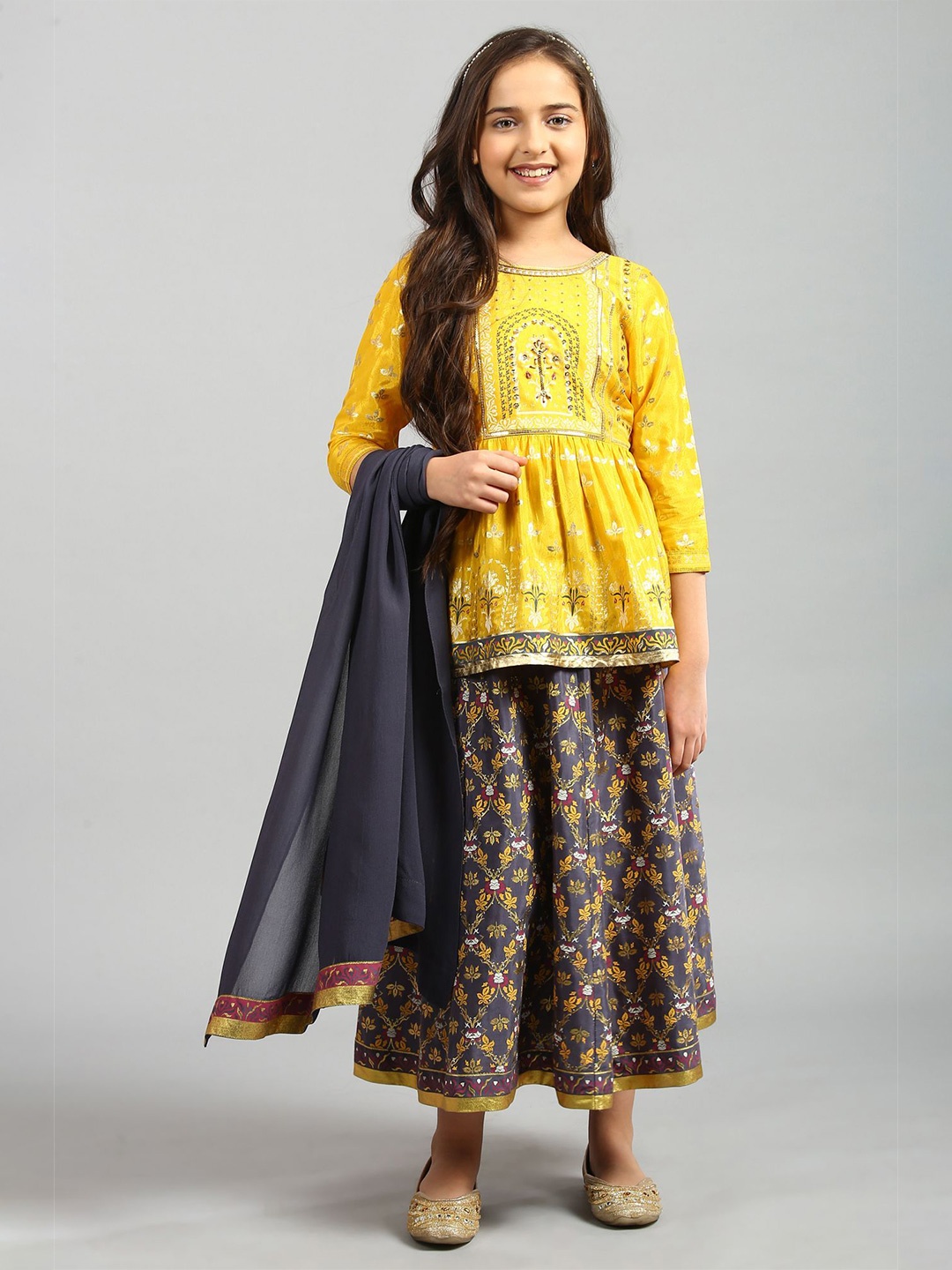 AURELIA Girls Yellow Ethnic Motifs Printed Kurta with Skirt & With Dupatta
