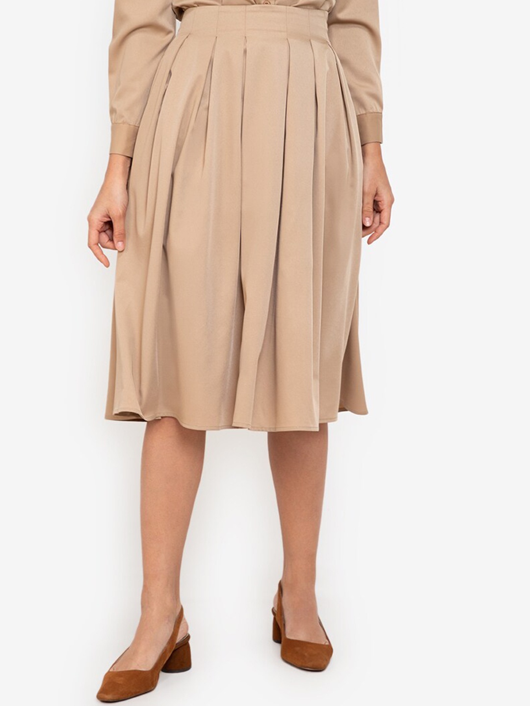 ZALORA WORK Women Beige Solid Pleated Midi Skirt