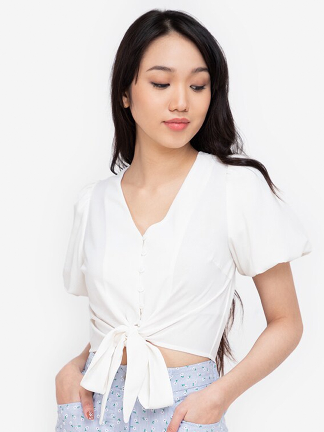 ZALORA BASICS White Button Down Bubble Sleeves Top