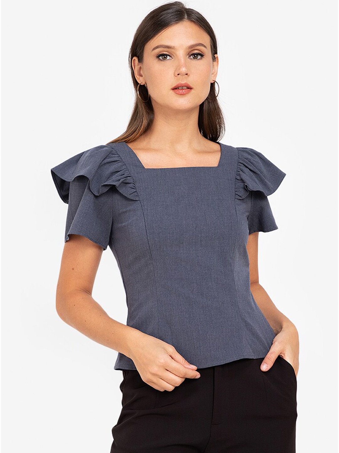 ZALORA WORK Women Navy Blue Flared Sleeves Top