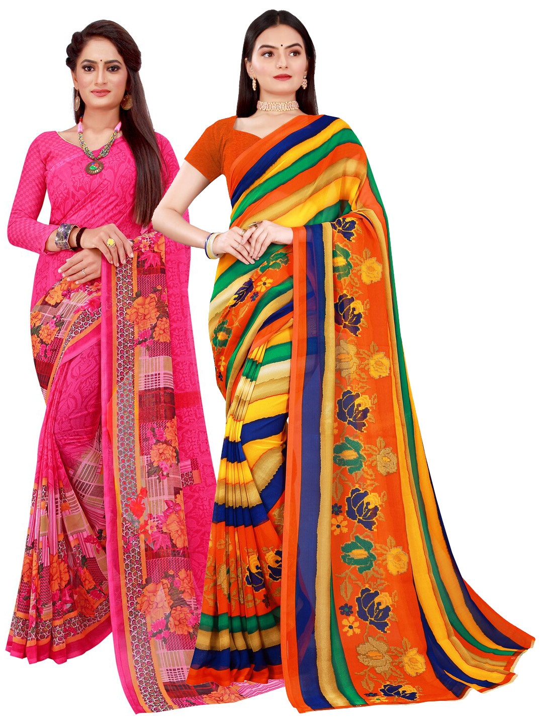 SAADHVI Magenta Geometric & Multicoloured Stripped Printed Pack of 2 Pure Georgette Saree
SAADHVI Magenta Geometric & Multicoloured Stripped Printed Pack of 2 Pure Georgette Saree