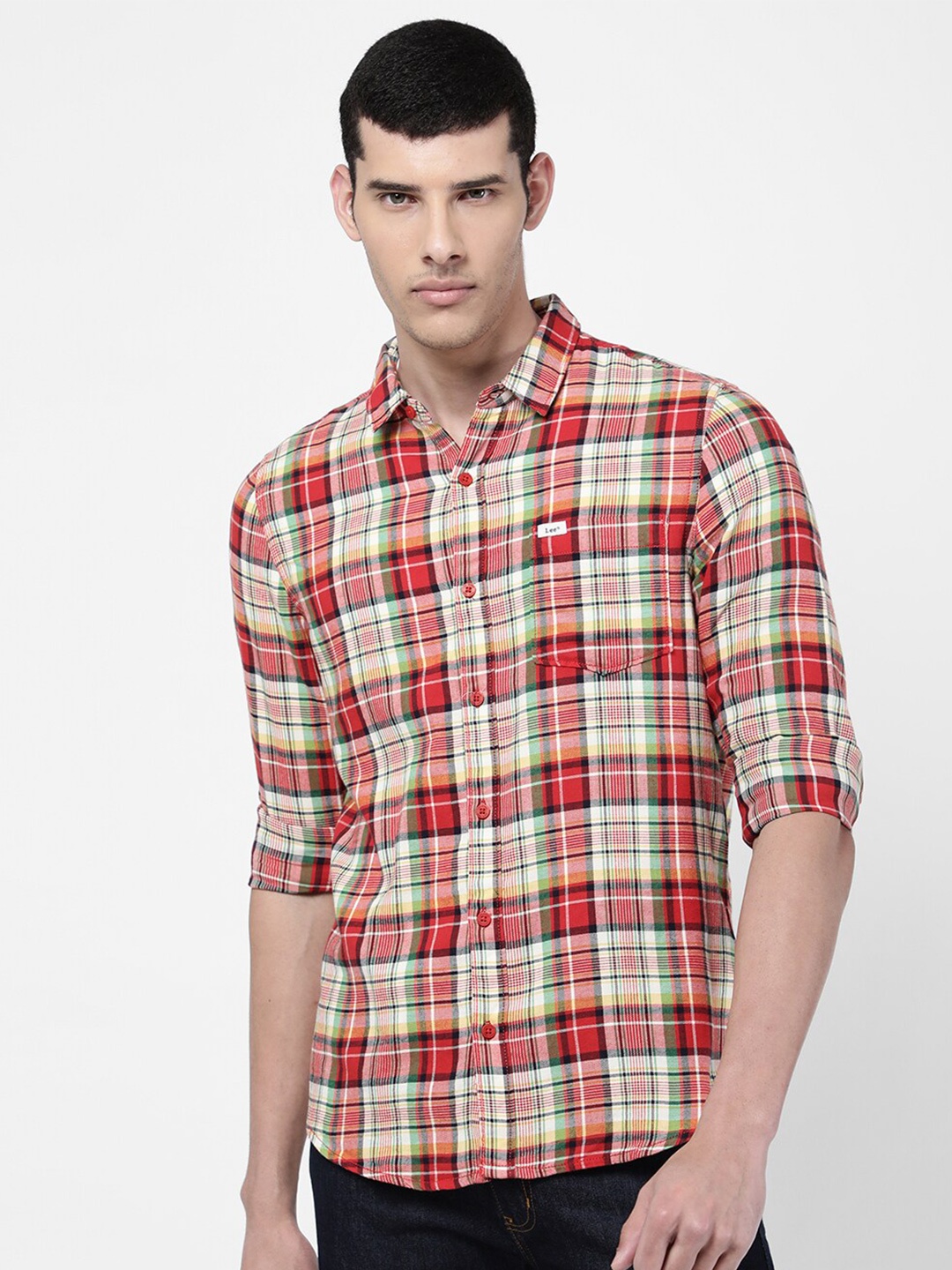 Lee Men Red & White Slim Fit Tartan Checks Checked Casual Shirt