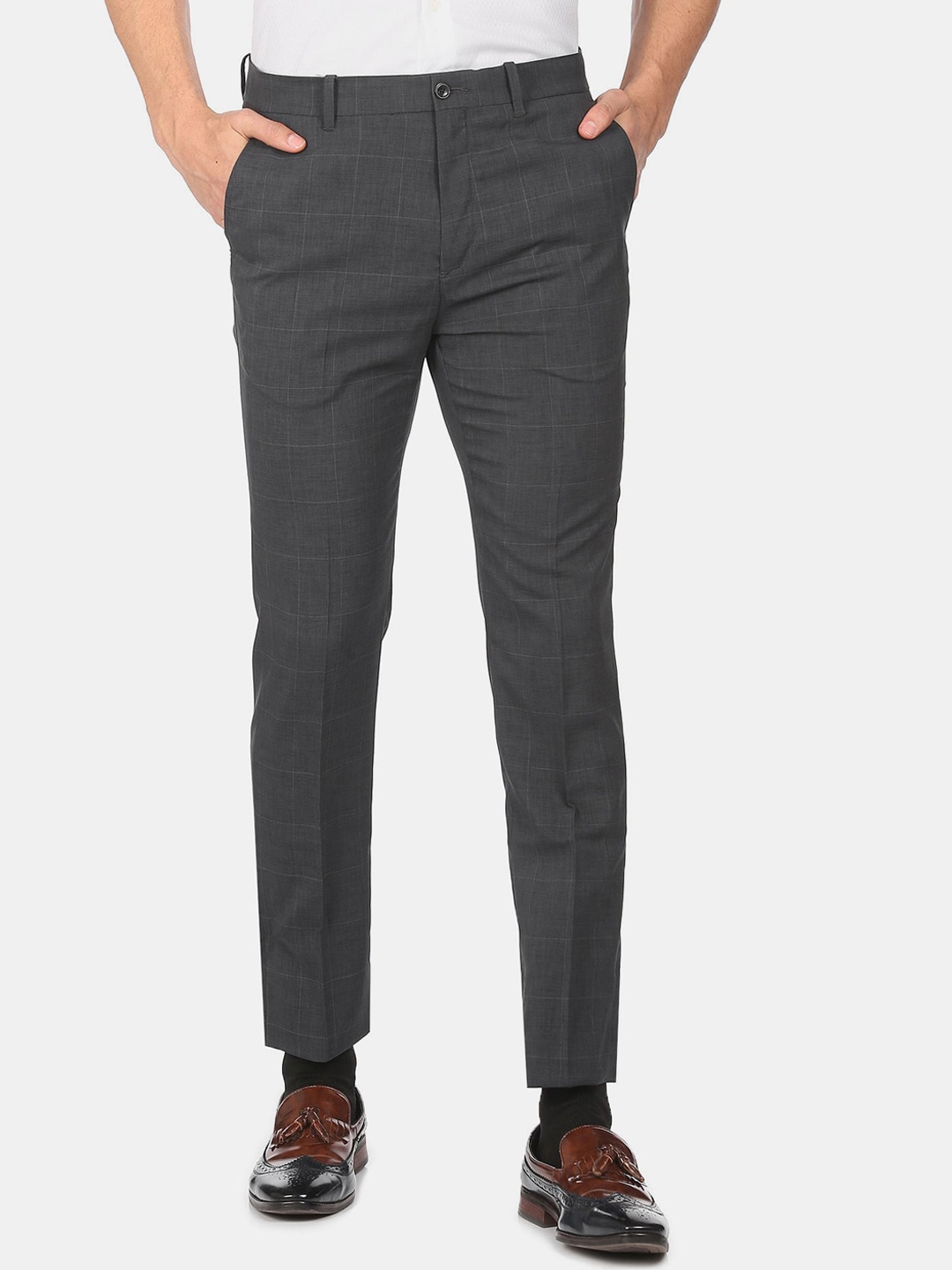 Arrow Men Grey Checked Trousers