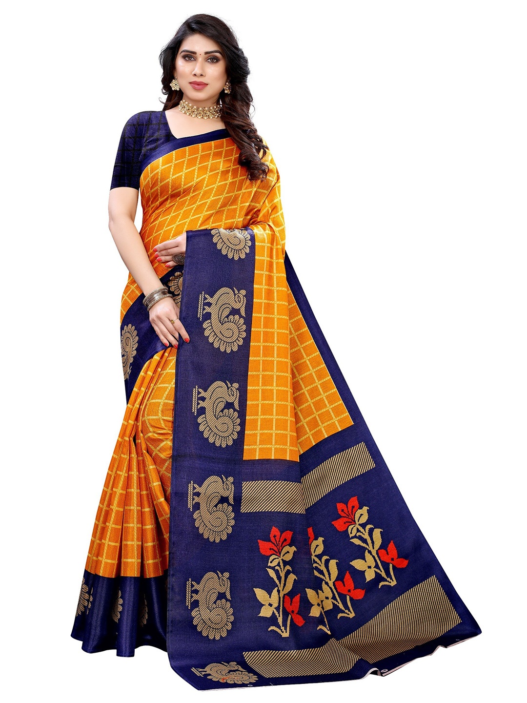 Yashika Orange & Blue Checked Art Silk Saree