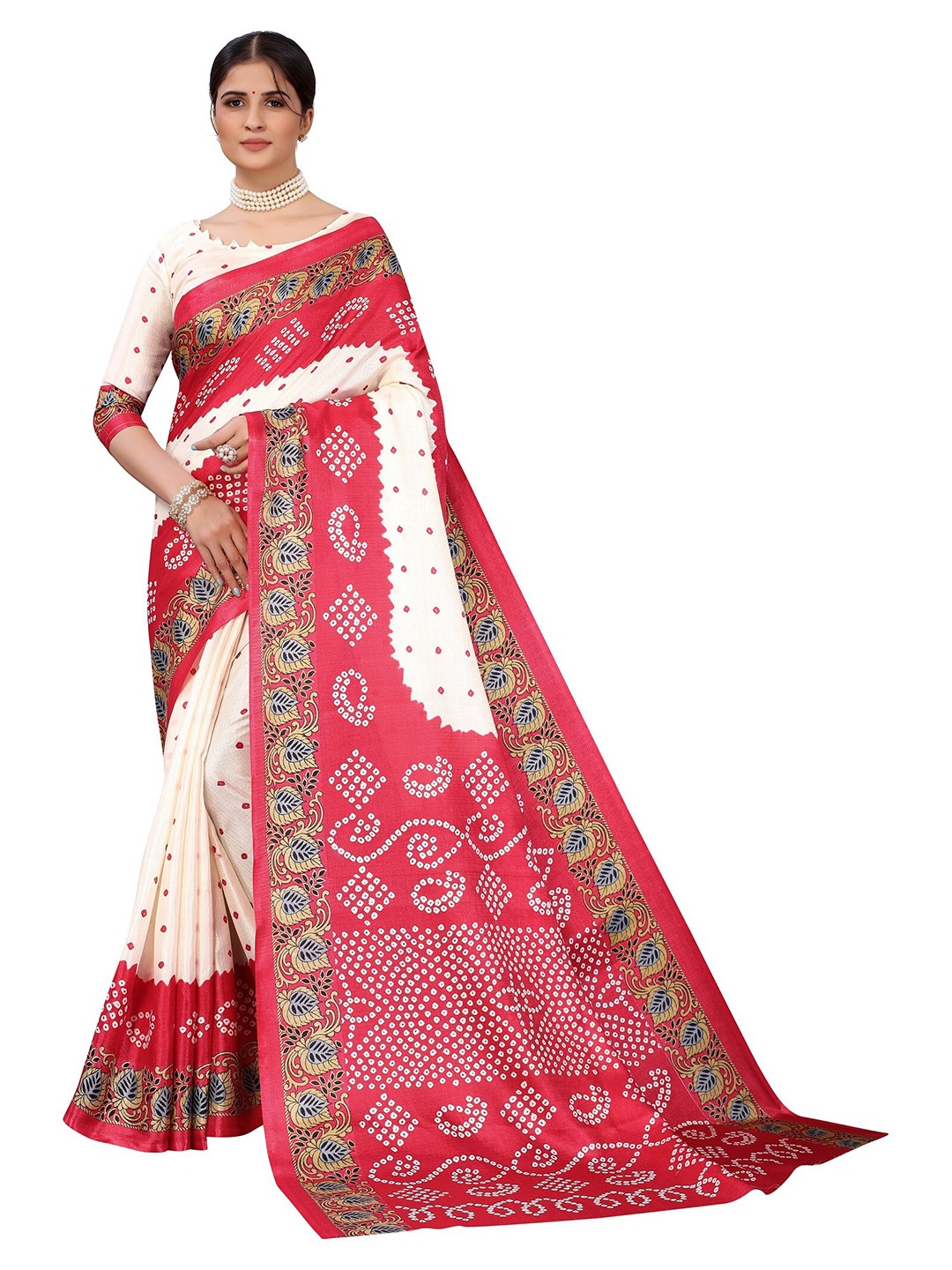 Yashika Red & Blue Floral Art Silk Khadi Saree