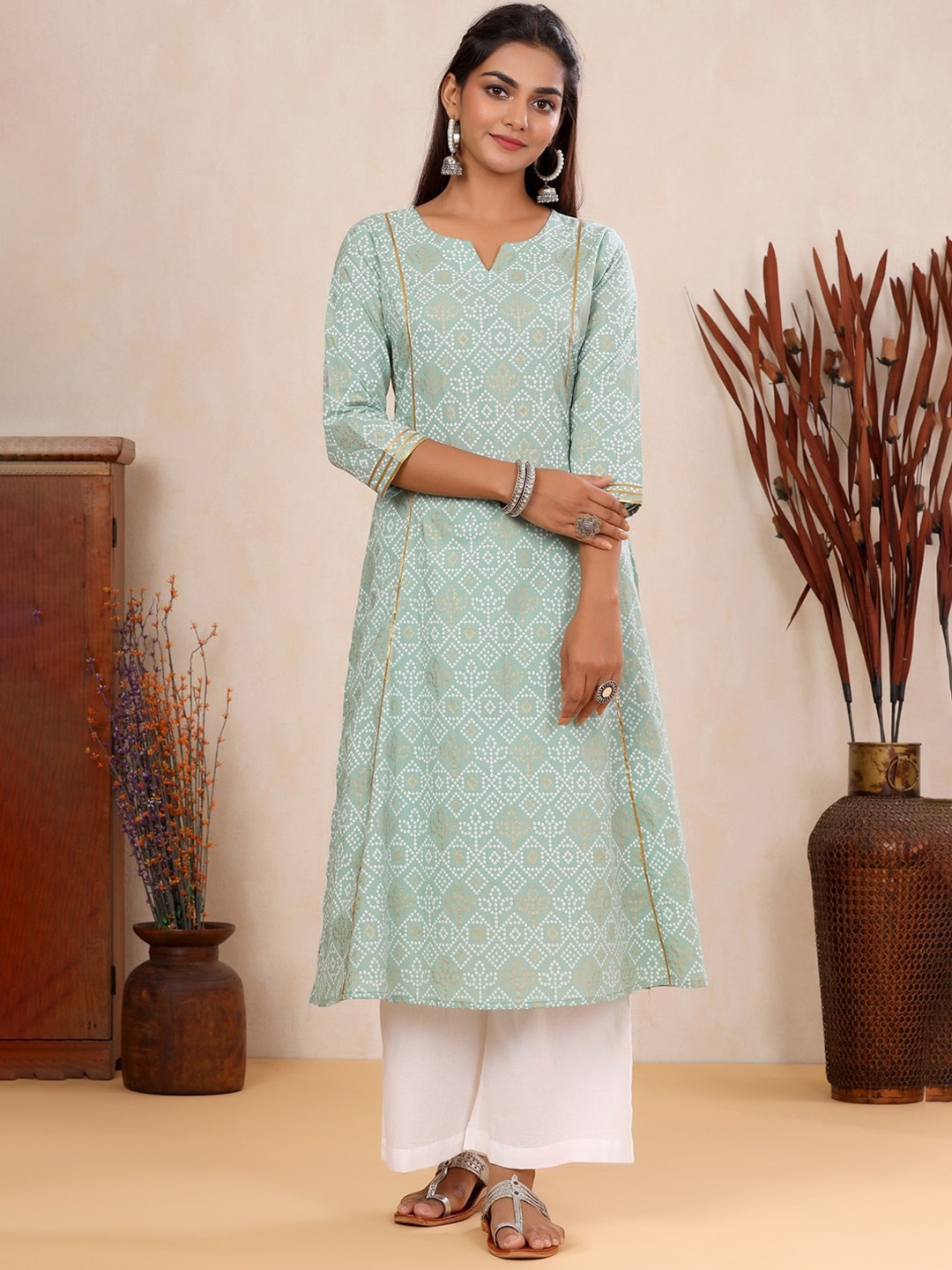 mirari GREEN BANDHANI PRINTED KURTA SET, Sea green