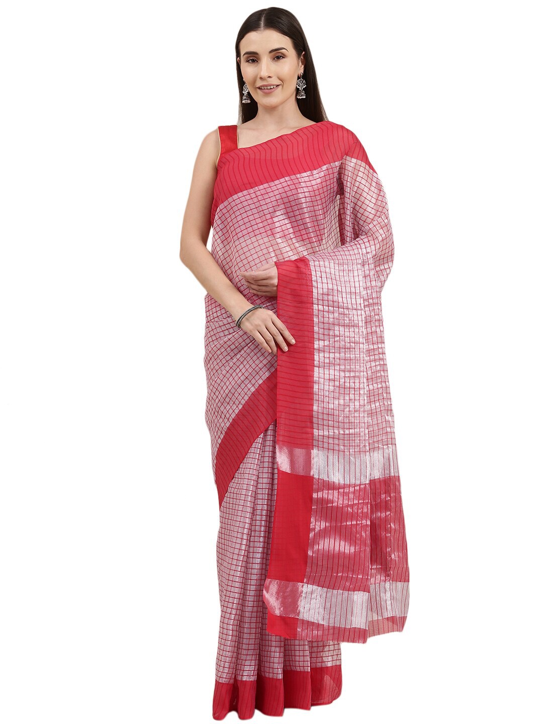 KALINI Grey & Red Checked Bhagalpuri Saree