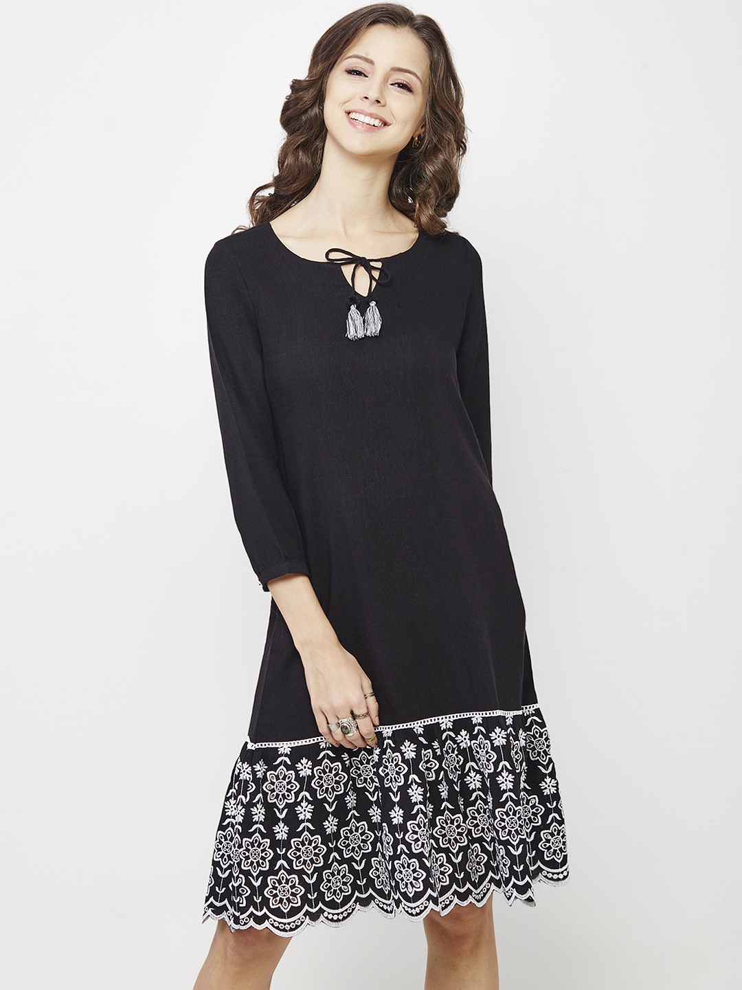 Global Desi Women Black Embroidered A-Line Dress