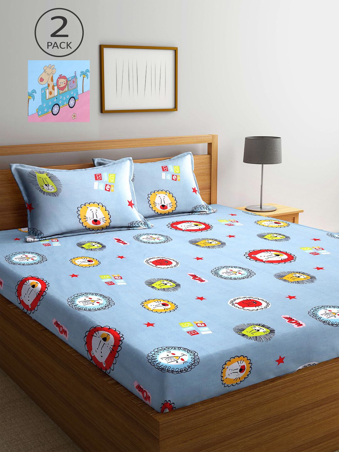 KLOTTHE Blue Cartoon Characters 210 TC 2 King Bedsheets with 4 Pillow Covers