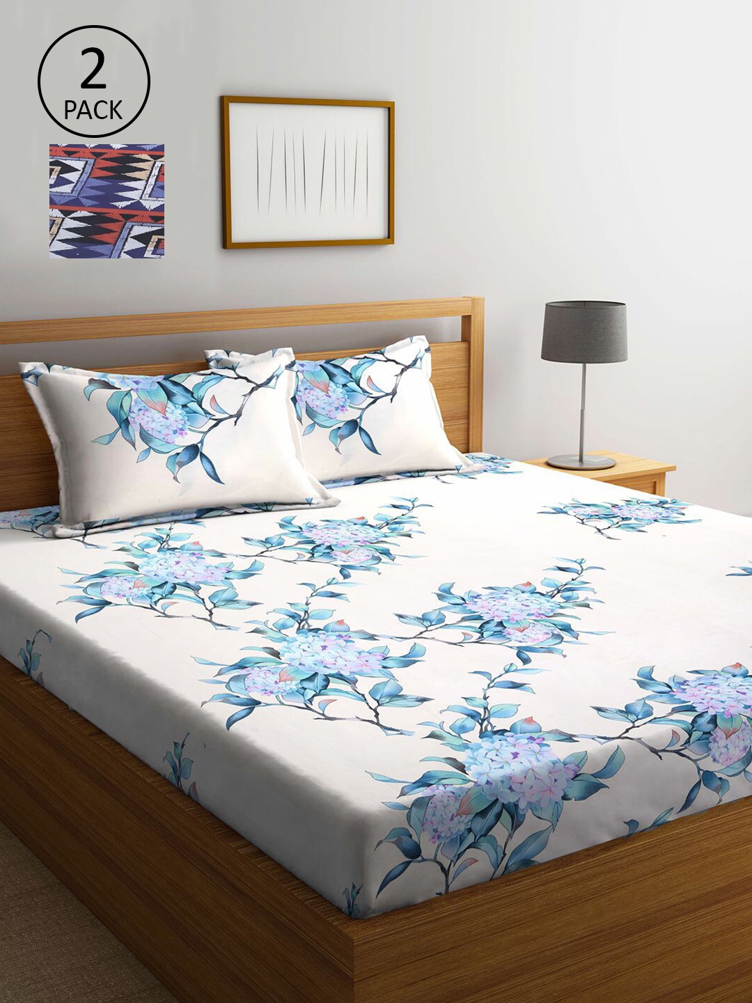 KLOTTHE White & Blue Floral 300 TC 2 King Bedsheet with 4 Pillow Covers
