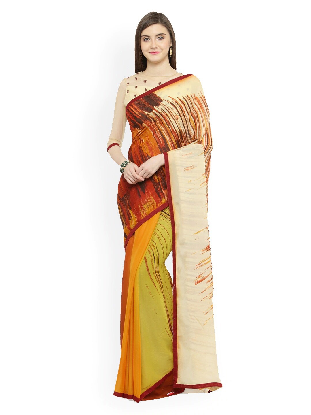 Mitera Brown & Green Printed Saree