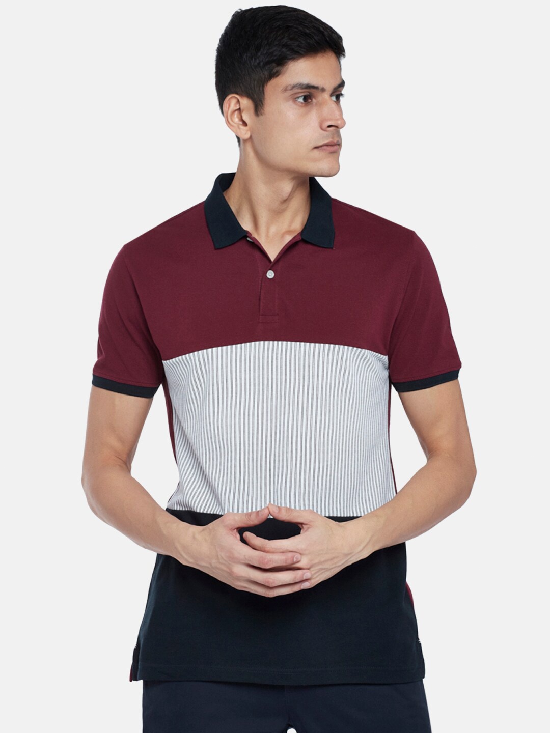 BYFORD by Pantaloons Men Maroon & Grey Colourblocked Polo Collar Cotton Slim Fit T-shirt
BYFORD by Pantaloons Men Maroon & Grey Colourblocked Polo Collar Cotton Slim Fit T-shirt