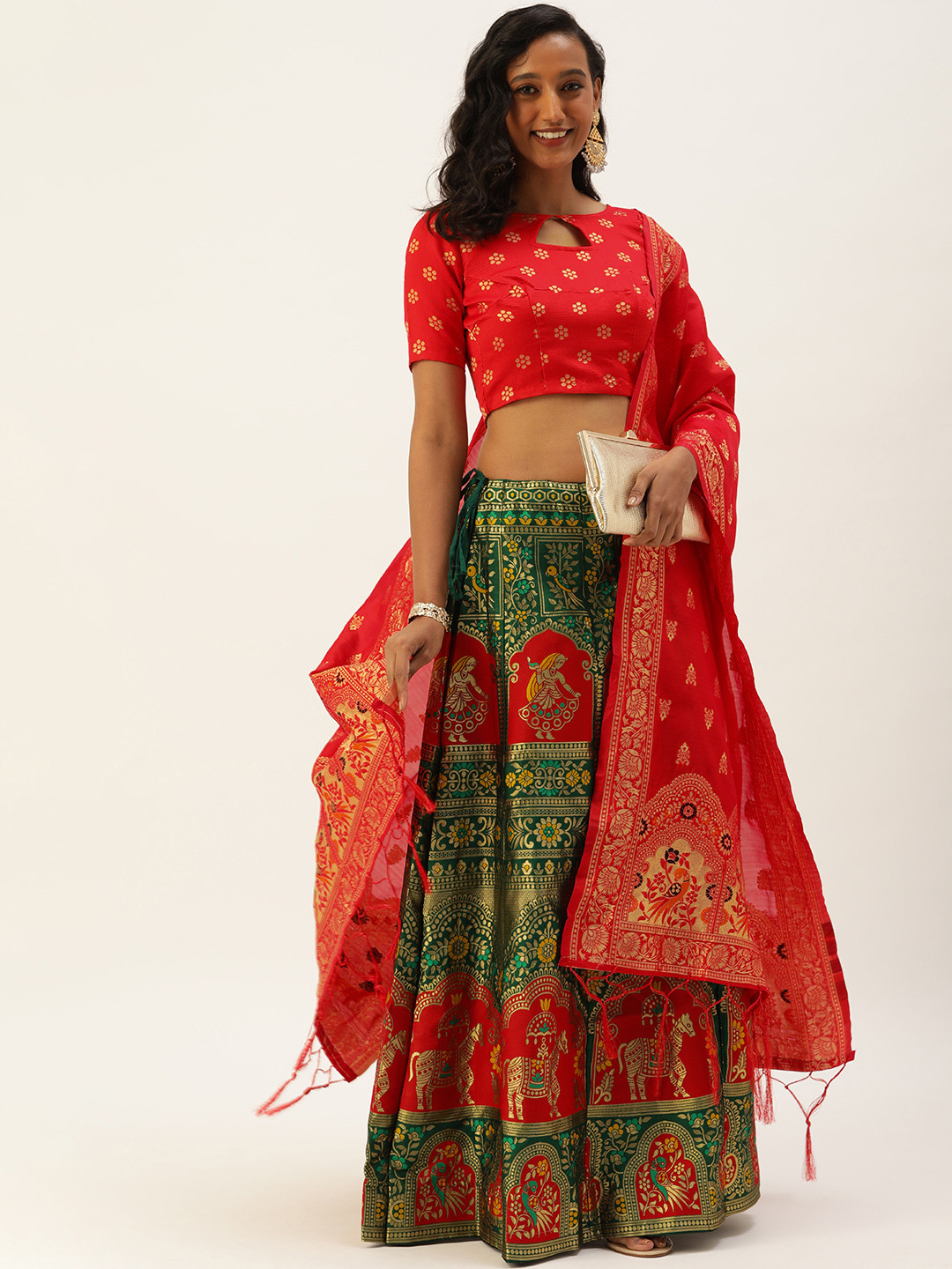 Pandadi Saree Green & Red Semi-Stitched Lehenga & Unstitched Blouse With Dupatta
Pandadi Saree Green & Red Semi-Stitched Lehenga & Unstitched Blouse With Dupatta