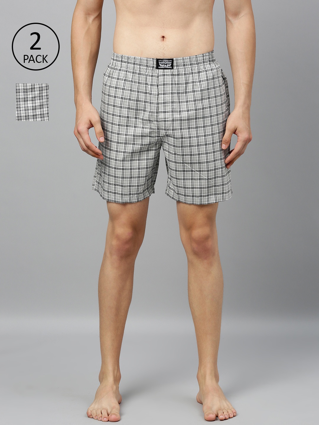 Levis Men Pack of 2 Pure Cotton Checked Boxers, Grey