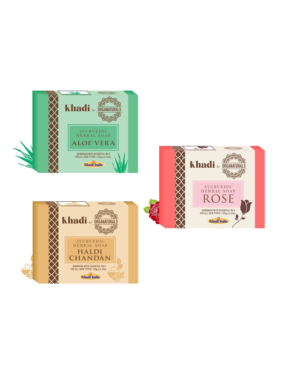ORGANATURALS Khadi Set of 3 Herbal Soaps - Aloe-Vera - Haldi Chandan - Rose - 125g each, Beige
ORGANATURALS Khadi Set of 3 Herbal Soaps - Aloe-Vera - Haldi Chandan - Rose - 125g each, Beige