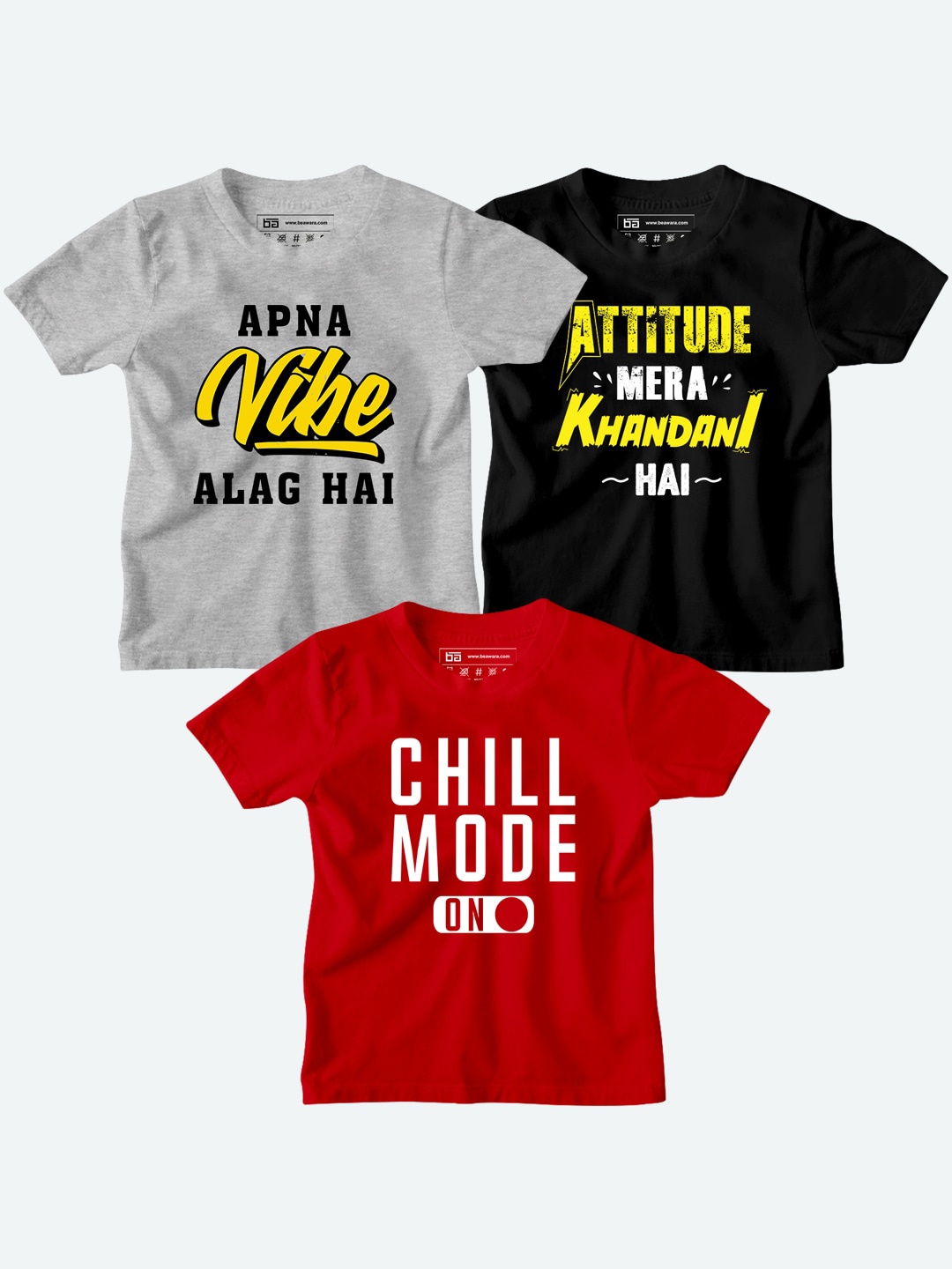 BE AWARA Kids Red & Black Pack of 3 Typography Printed T-shirt