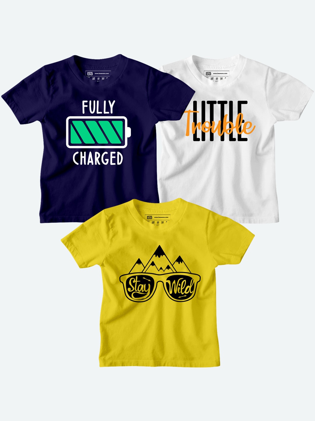 BE AWARA Kids Navy Blue & Yellow Pack of 3 Typography Printed T-shirt