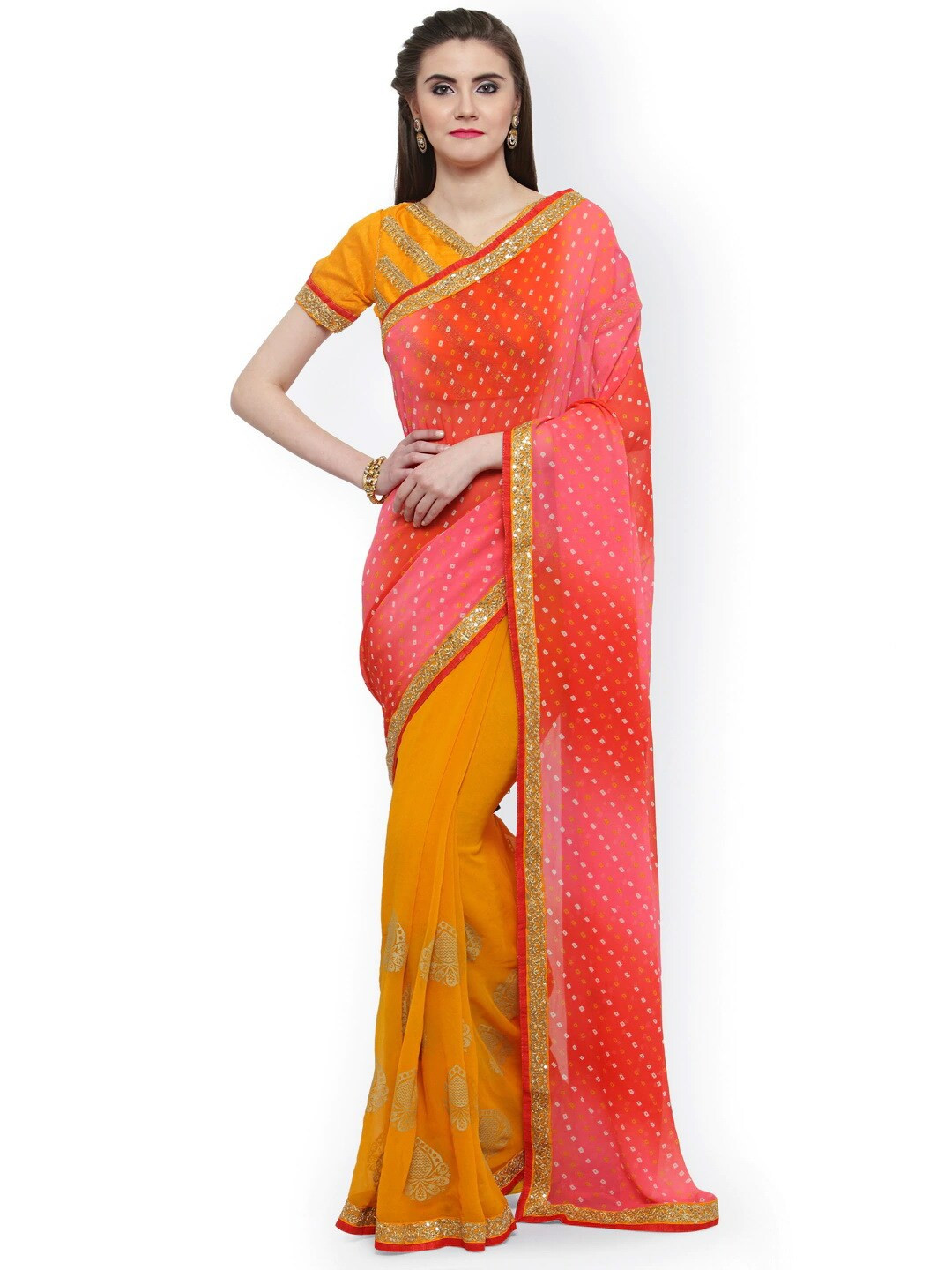 Mitera Yellow & Orange Bandhani Sequinned Pure Georgette Half and Half Saree
Mitera Yellow & Orange Bandhani Sequinned Pure Georgette Half and Half Saree