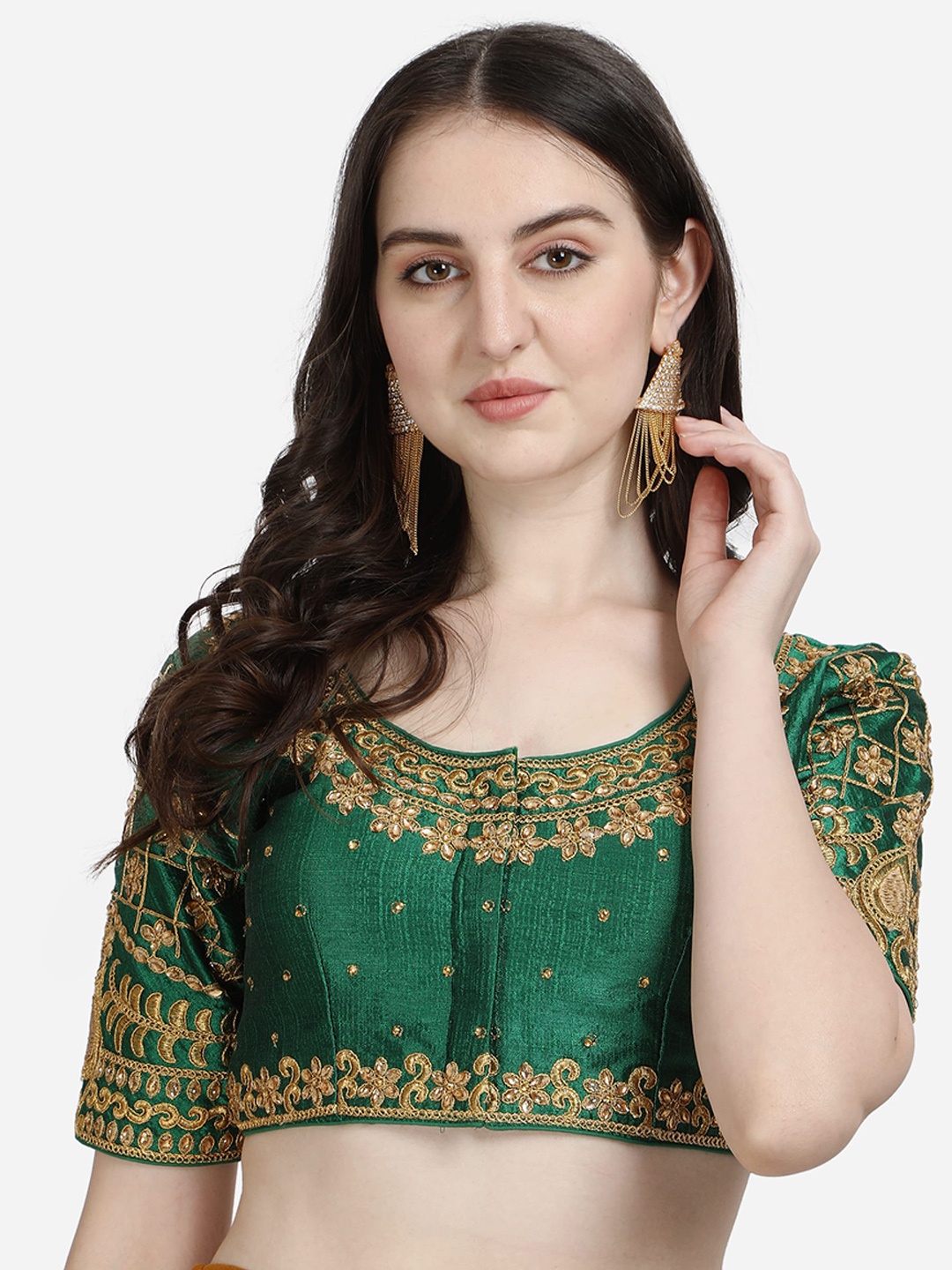 Mesmore Green & Golden Embroidered Silk Saree Blouse
