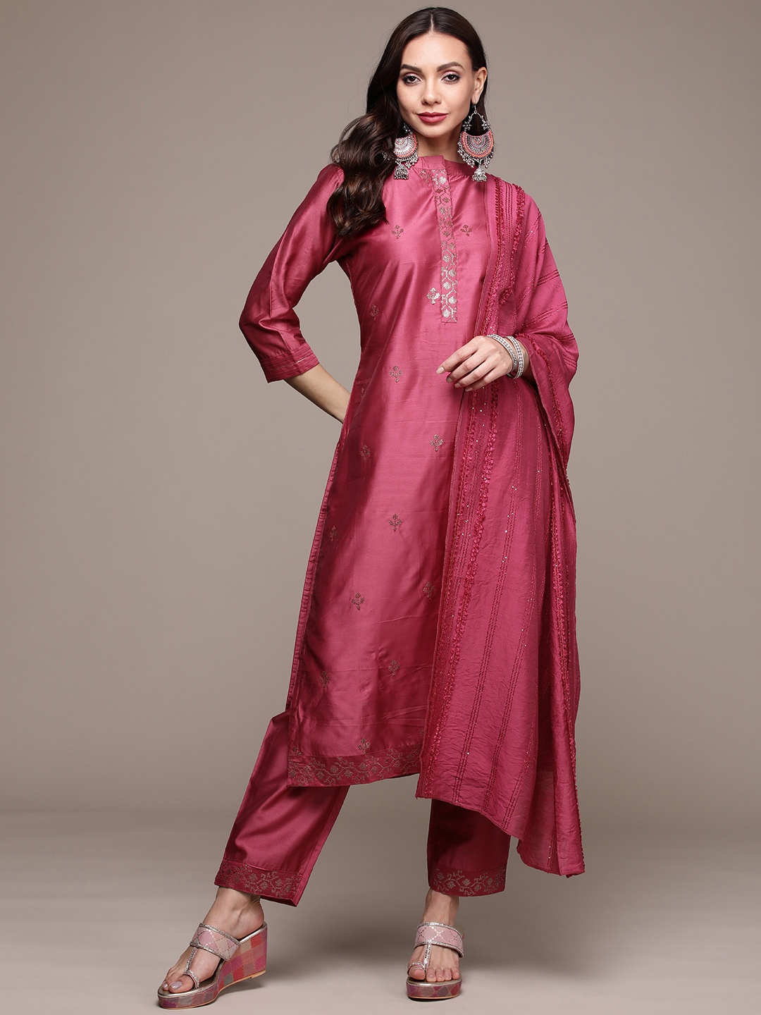 Anubhutee Women Pink Floral Embroidered Thread Work Kurta with Trousers & With Dupatta